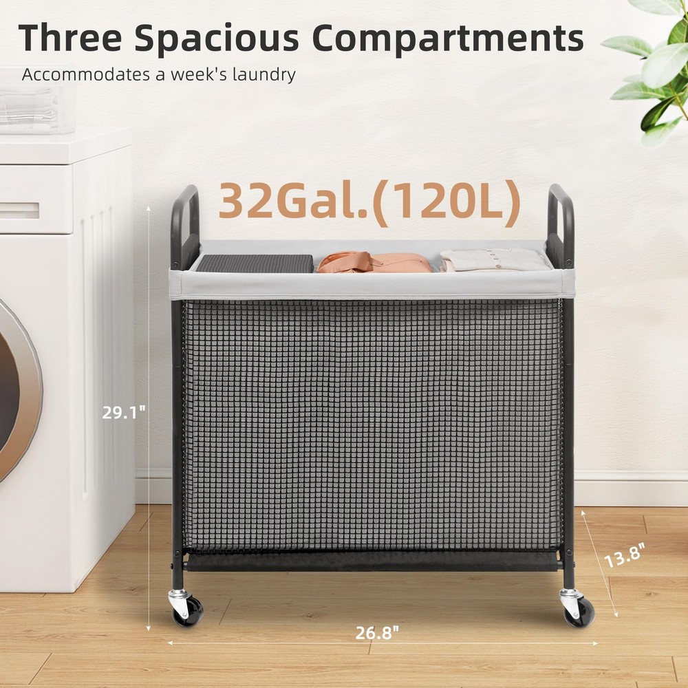 STORAGE MANIAC 3-Section Rolling Laundry Hamper w/ Wheels, Sorter 120L