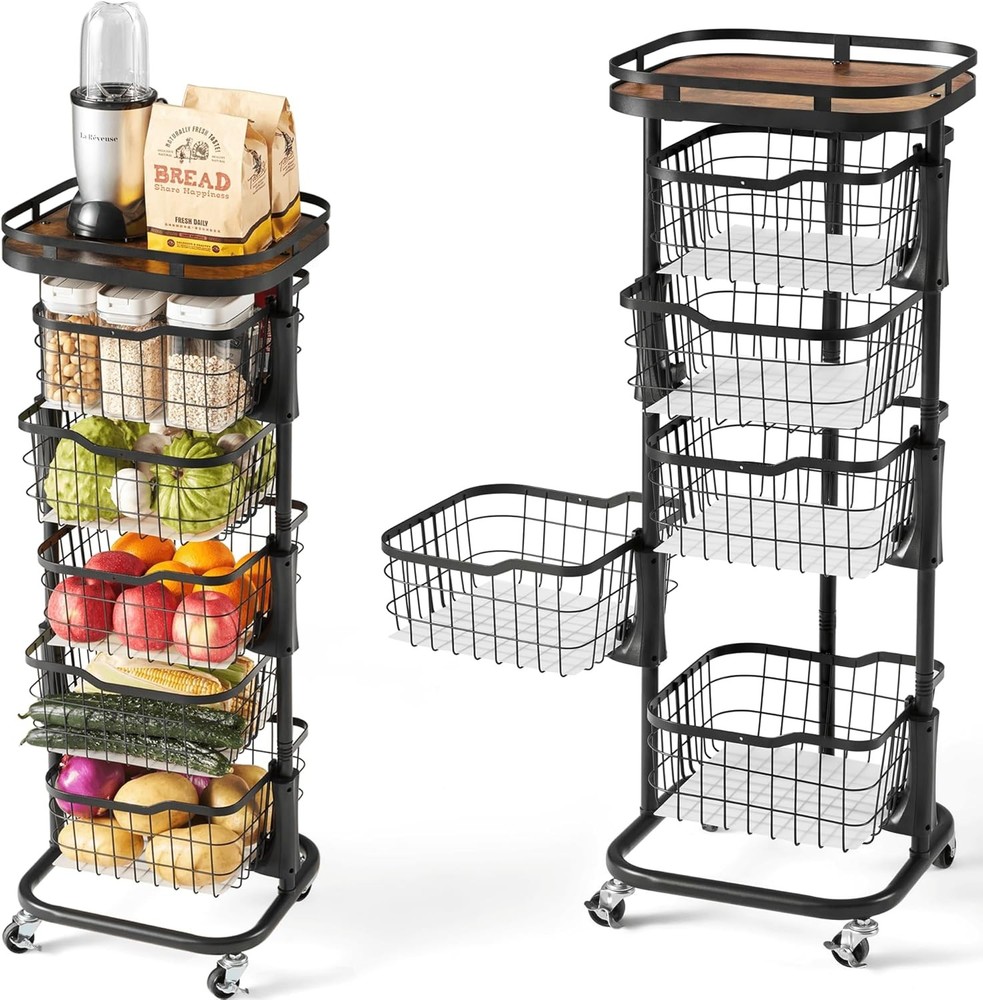 Five-tier kitchen fruit and vegetable storage trolley, rotating basket, black