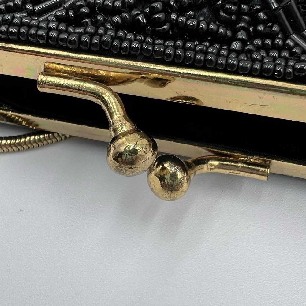 Clam Shell Black Beaded Vintage Clutch with Chain Strap