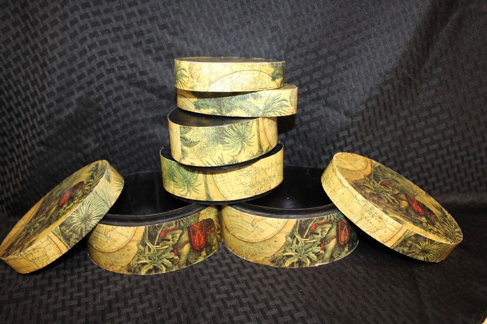 Set of 2 (4 ct) Stackable Nesting Oval Storage Boxes:World Globe Elephant Jungle