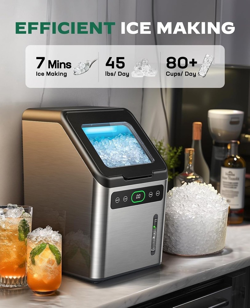 Compact Stainless Steel Nugget Ice Machine - 44lbs Daily & Timer Function