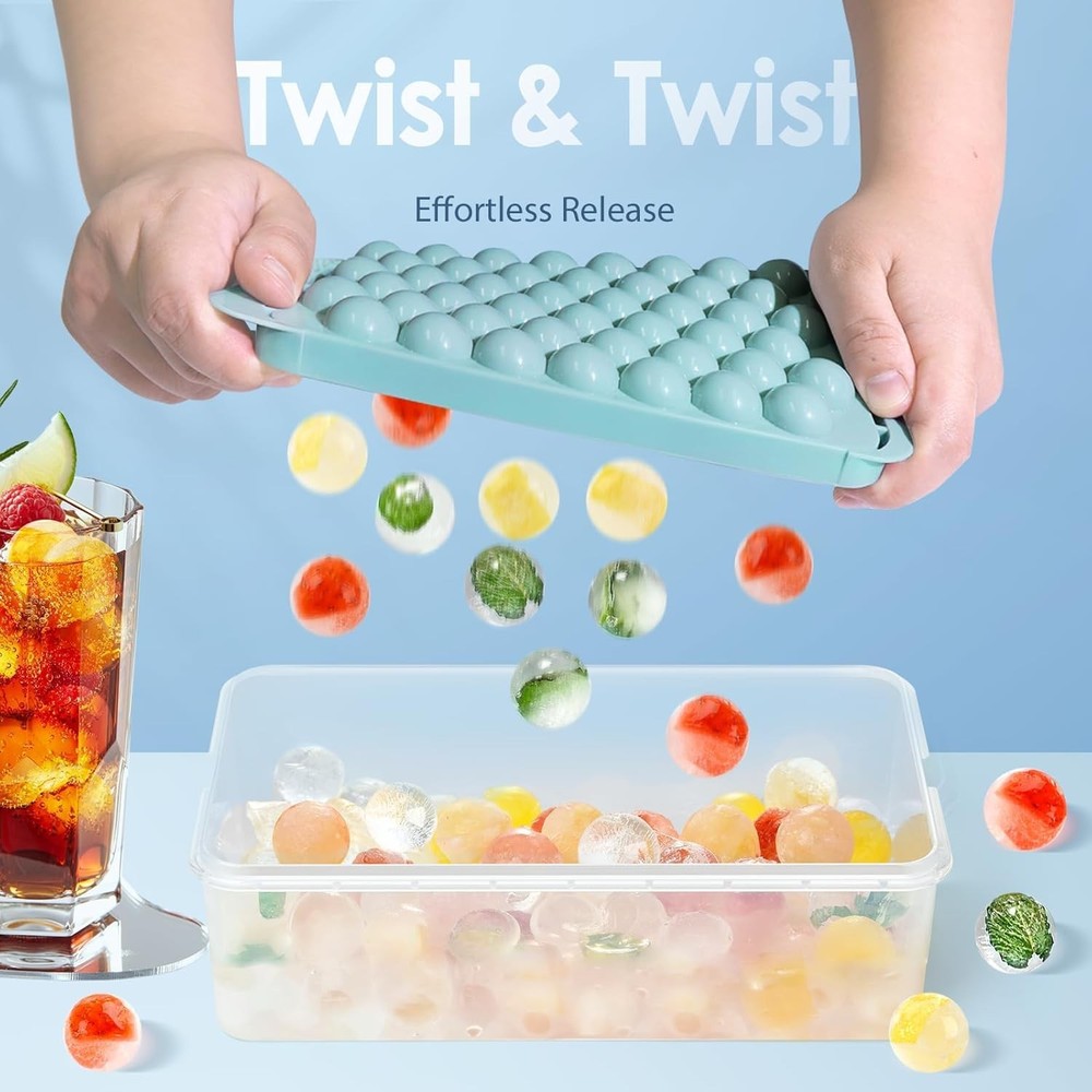 Compact 2-Pack Ice Cube Tray with Bin - Effortless Round Ice Maker in Blue