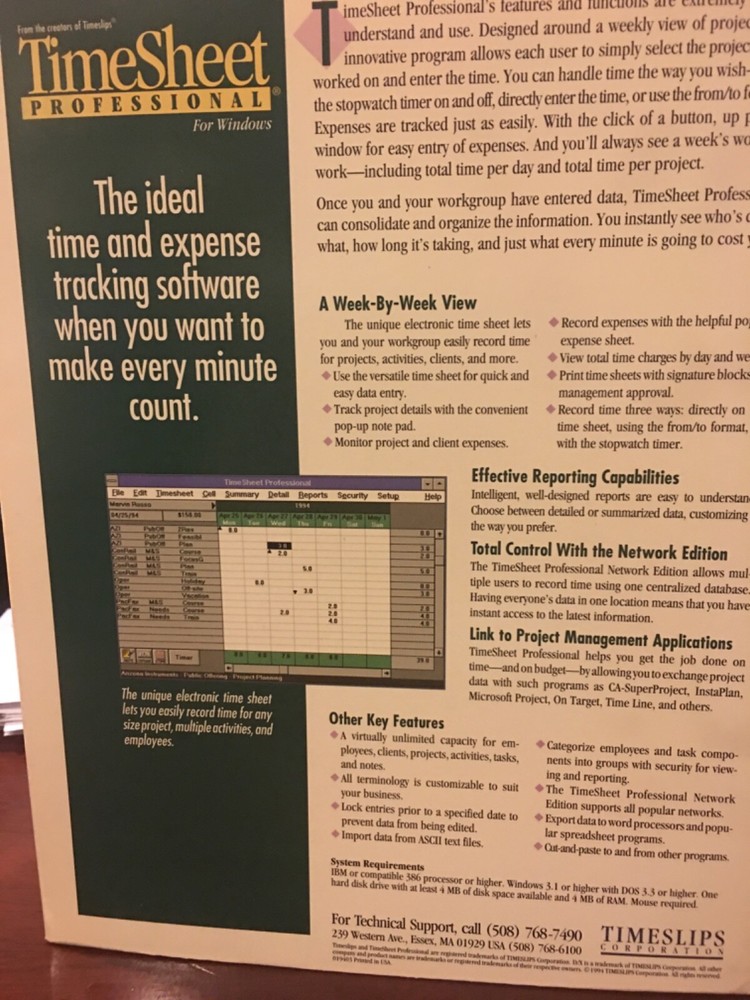 TimesSheet Professional For Windows. Unused. Includes Disks And Manuals