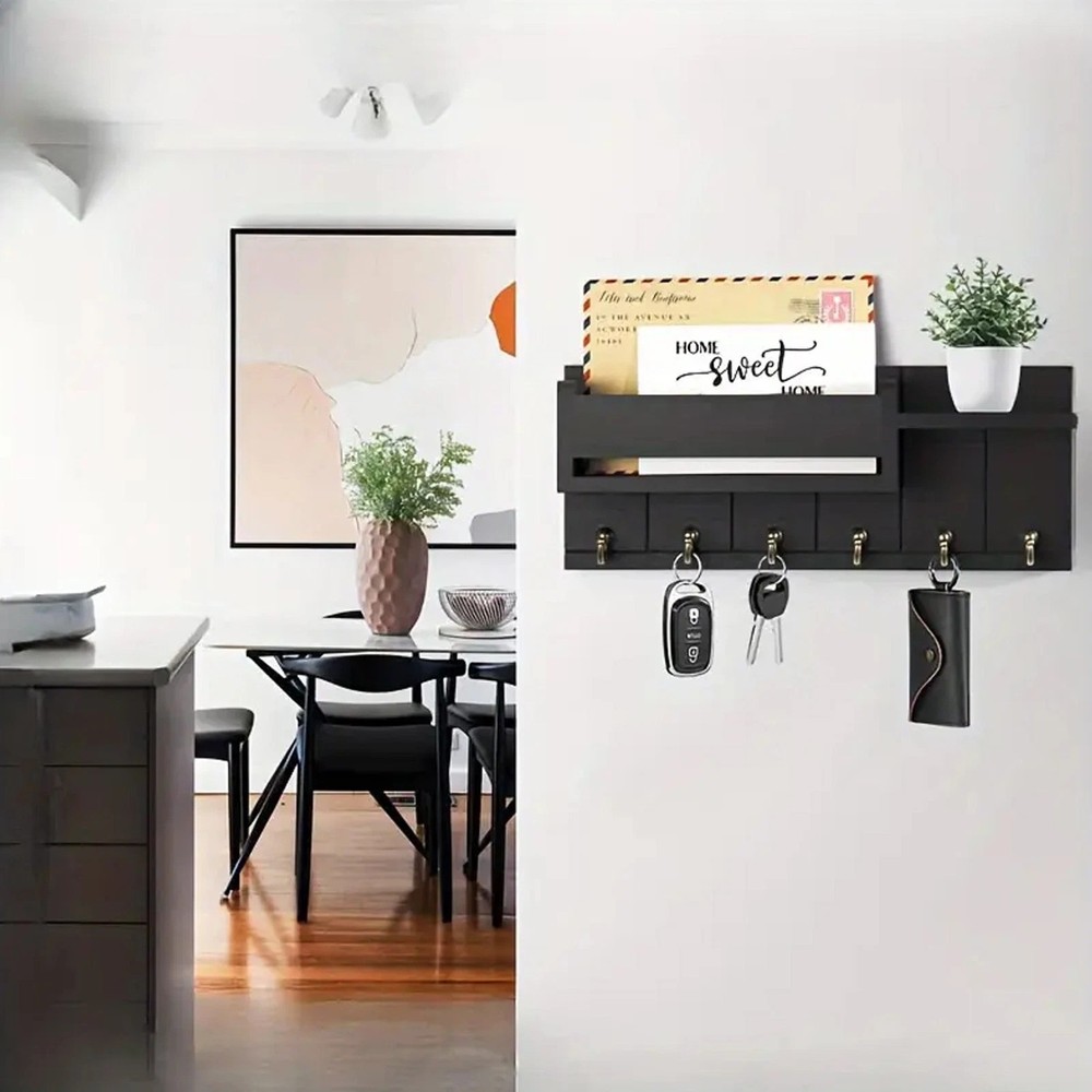 Wall-Mounted Key Holder & Mail Organizer with Hooks - Entryway Storage & Decor