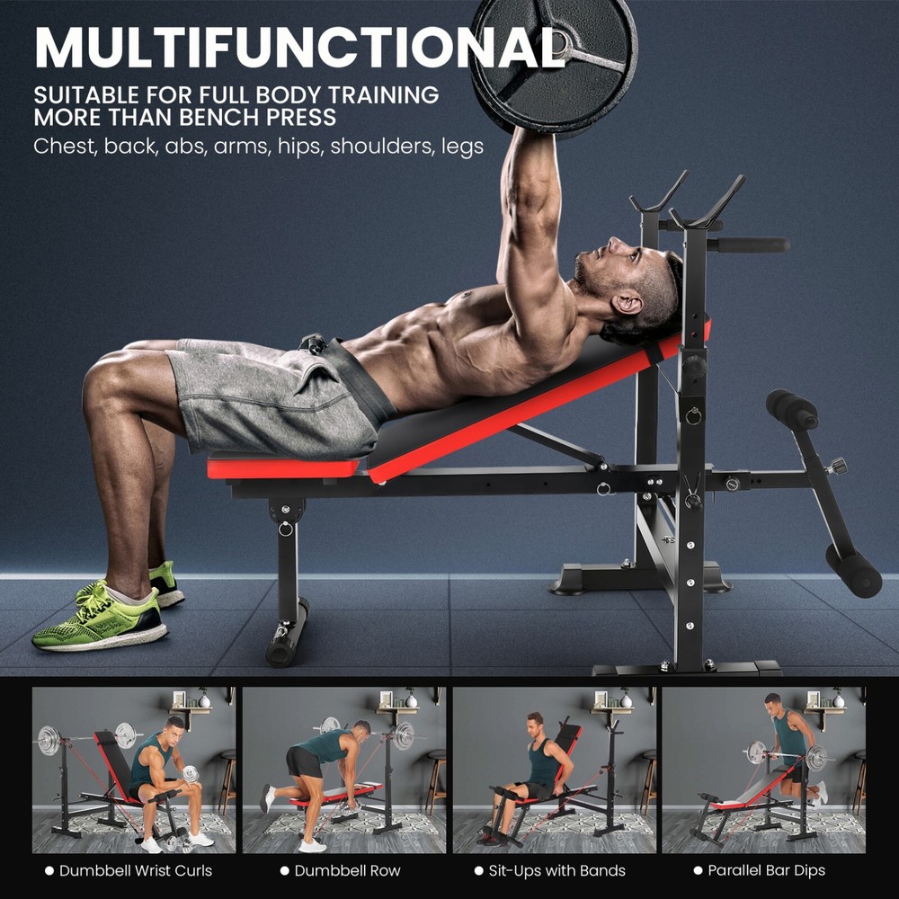 Adjustable Weight Bench Set with Squat Barbell Rack and Removable Foot Bracket