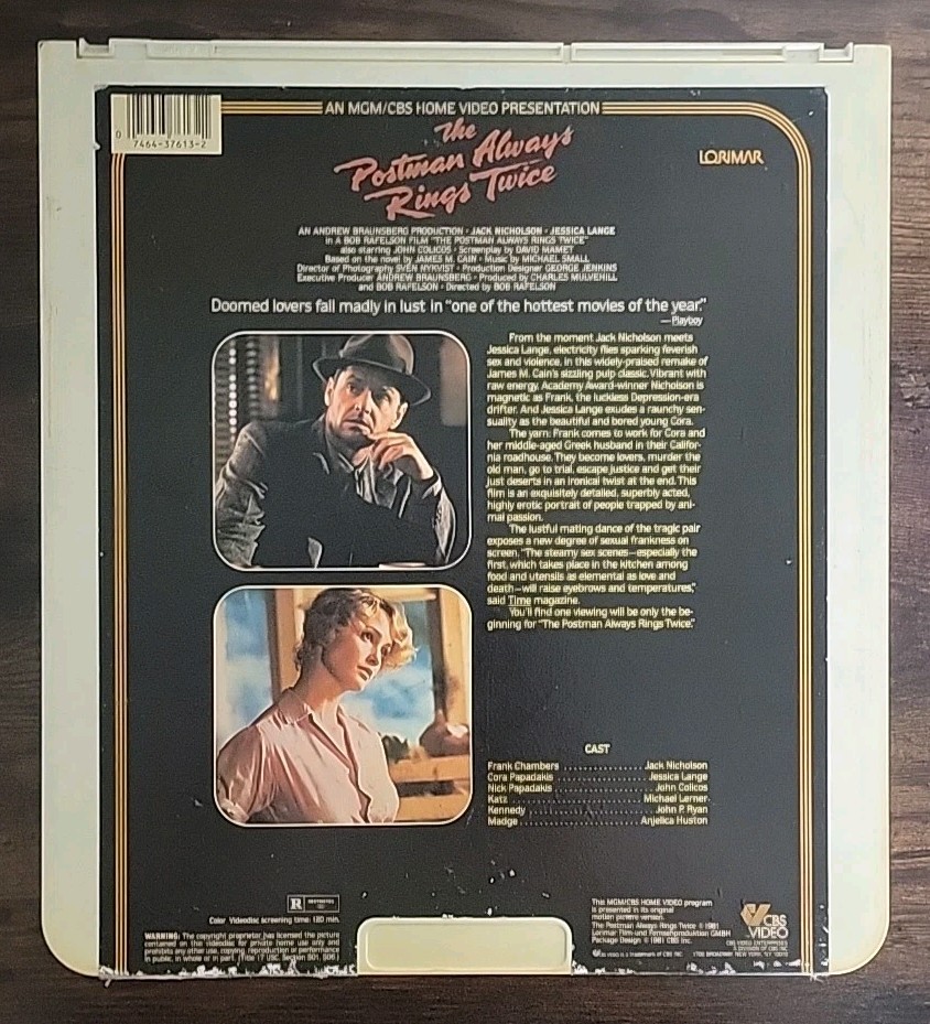 "The Postman Always Rings Twice" RCA Selectavision CED Videodisc Jack Nicholson