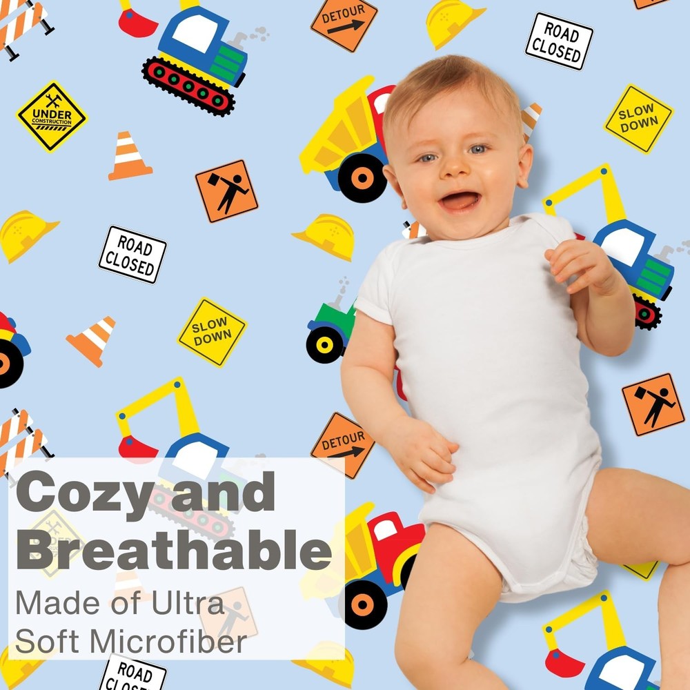 Baby Boy Fitted Crib Sheet, Under Construction, 100% Soft Breathable Microfib...