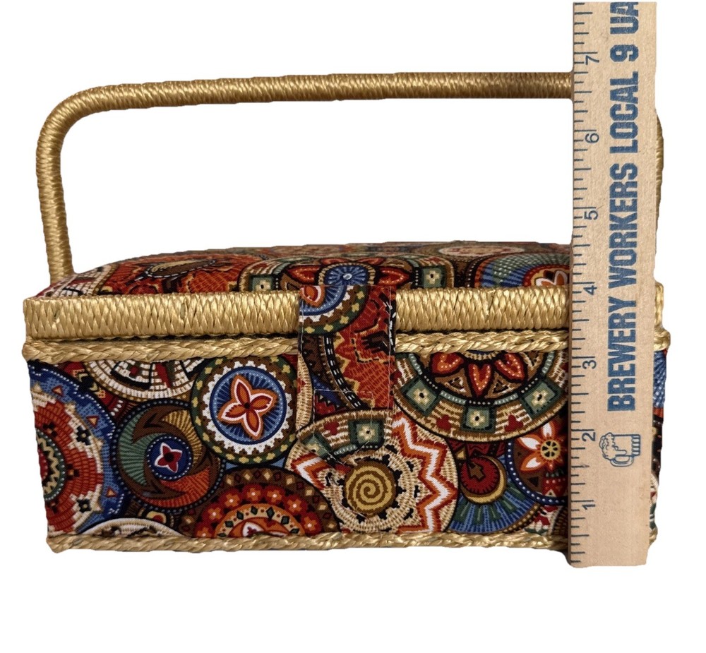 Sewing Basket Fabric Covered Rectangular Straps Handle Plastic Insert