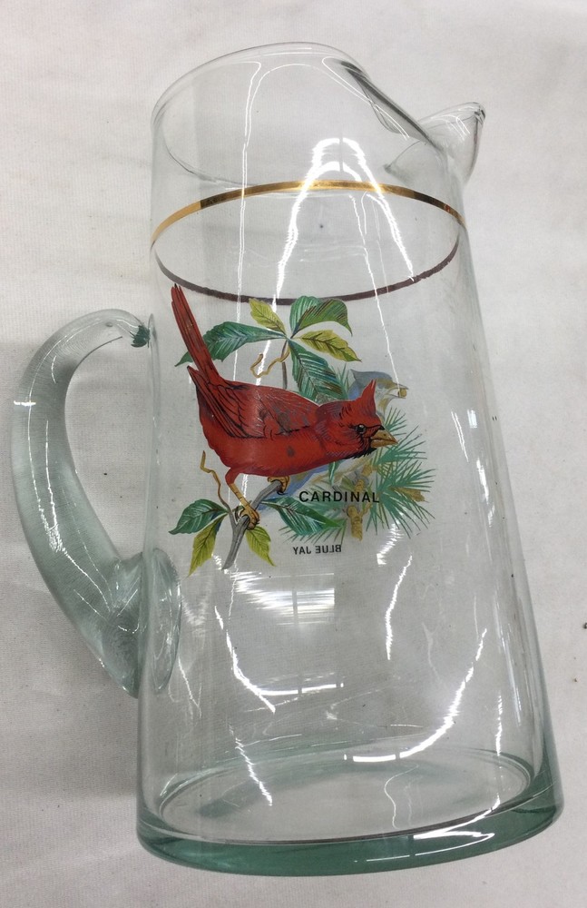 Bird Scene Glass Pitcher, 2 Glasses, Preowned