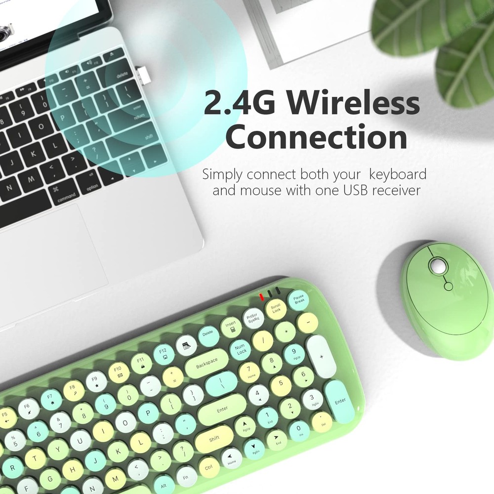 Wireless Keyboard Mouse Combo Ergonomic Full Size Typewriter Win PC Green