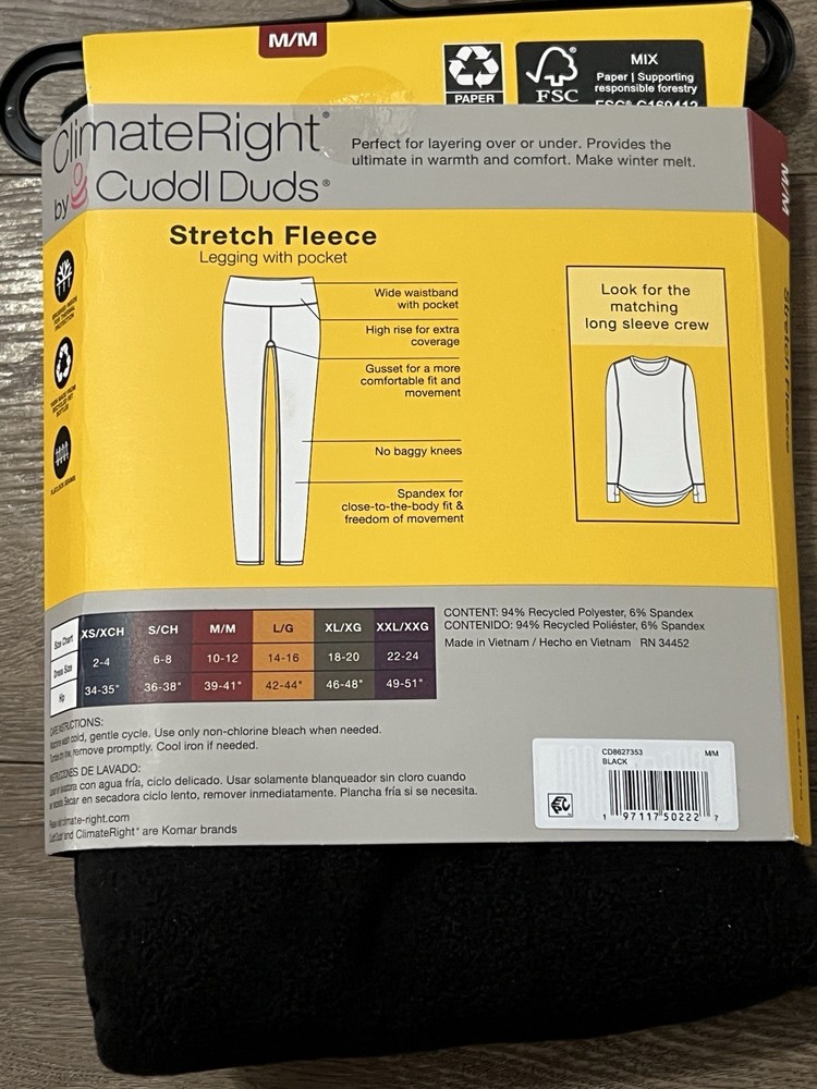 Climate Right By Cuddl Duds Base Layer & Base Layer Crew Size Medium New