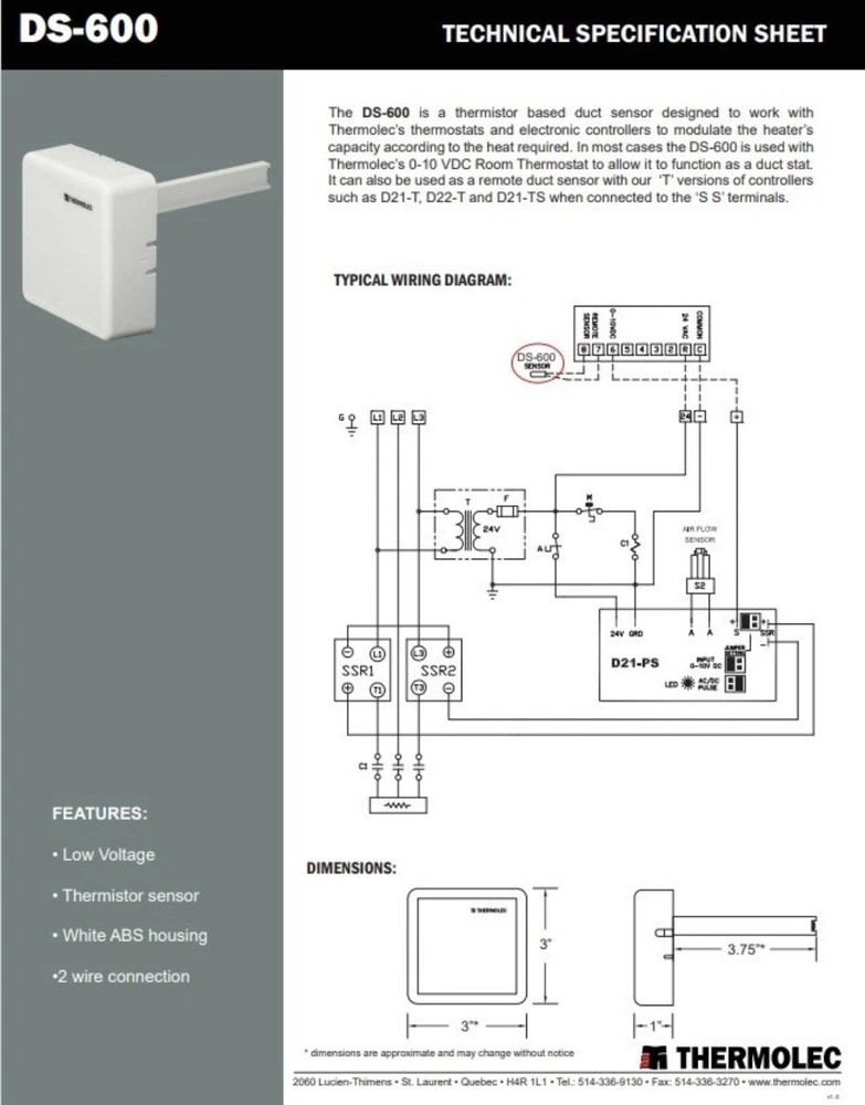 DS-600 Thermolec - Electronic Duct Thermostat