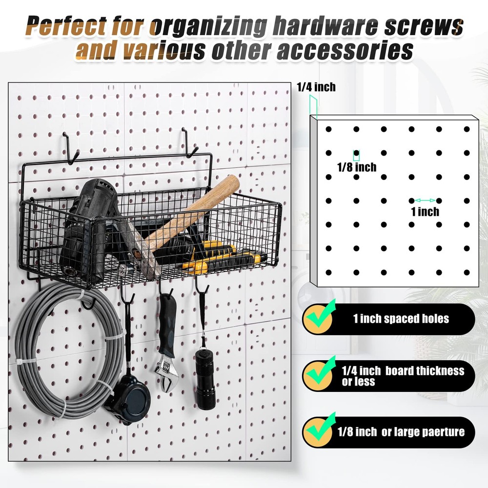 2 Pcs Pegboard Accessories Set Including 2 Pegboard Baskets Bins with 5 Hooks...