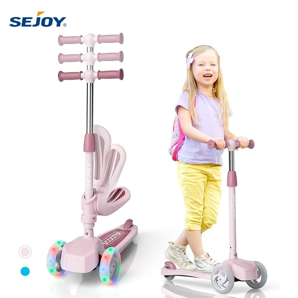 Kids 3 Wheel Scooter LED Lights Adjustable Handle Foldable Seat Sit Stand