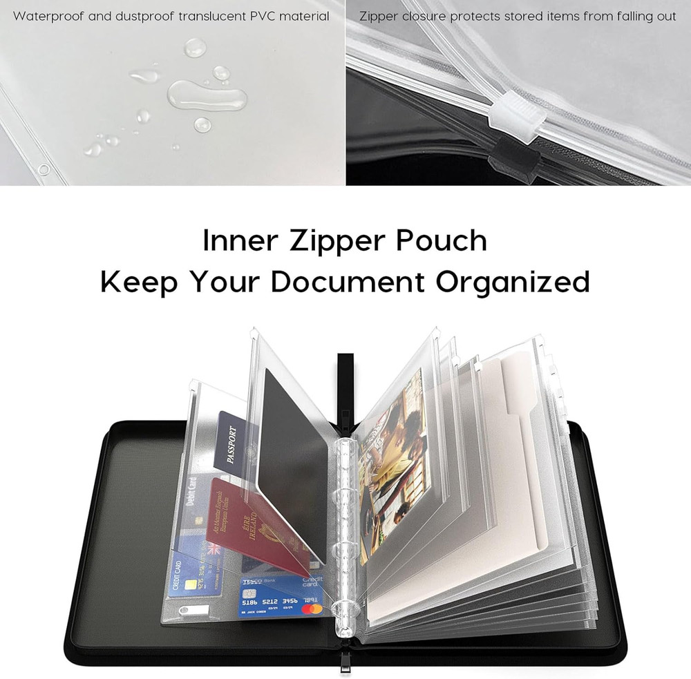 Fireproof Document Organizer Binder with Waterproof Bill Holder (Black)