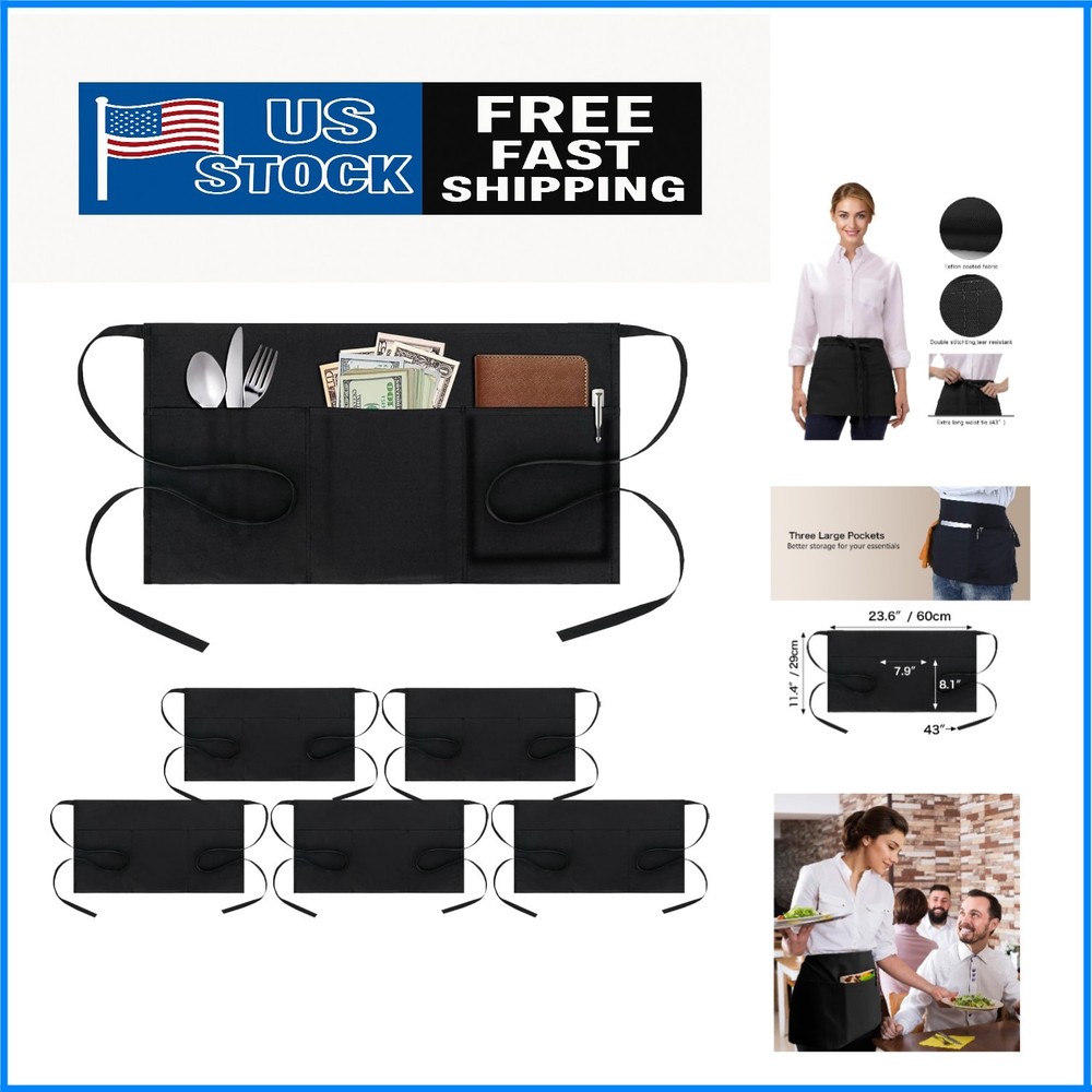 Professional Server Aprons - 6 Pack with Long Straps & 3 Pockets for Convenience