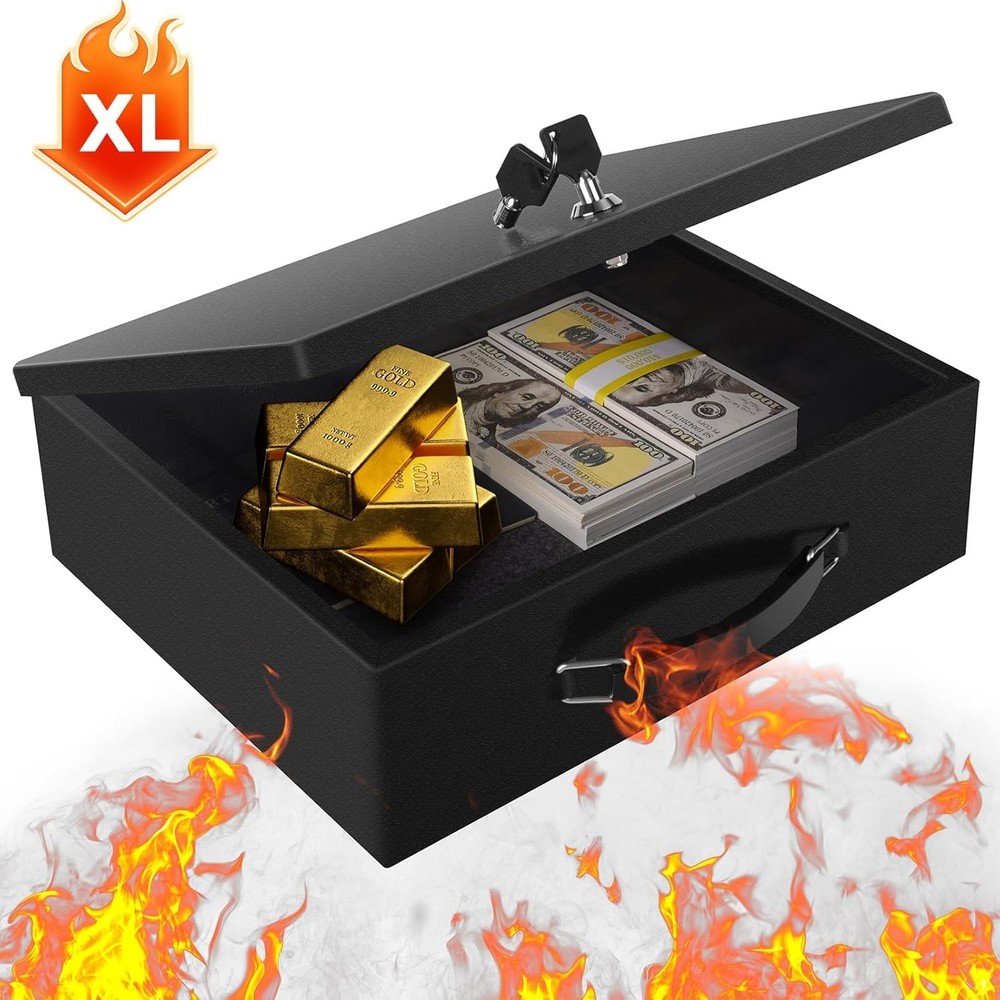Fireproof Document Box, Fire Resistant Safe Box with Key Lock for Home, Portable