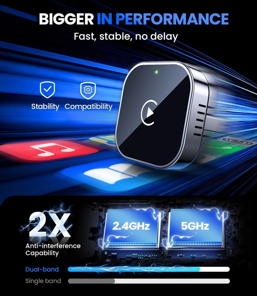 Wireless CarPlay Adapter & Android Auto Dongle, Fast Auto-Connect, Compact Plug