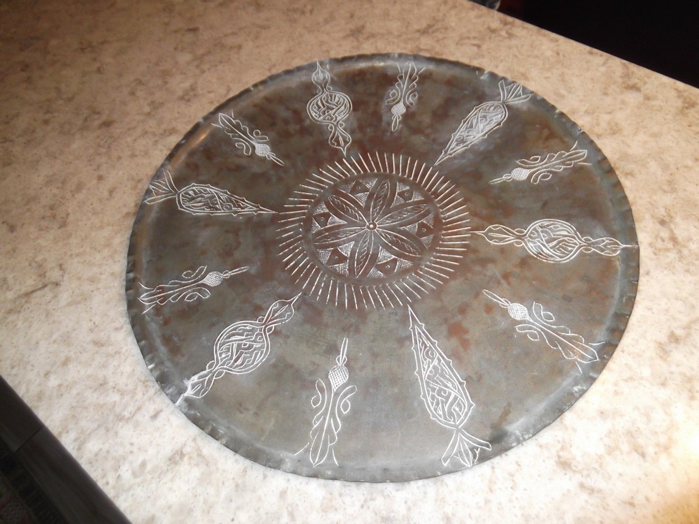 Antique Middle Eastern Copper Table Top Tray Engraved