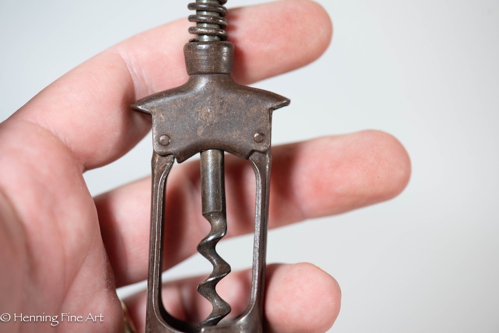 Antique Columbus Spring Assisted Corkscrew Split Barrel, Wood Handle