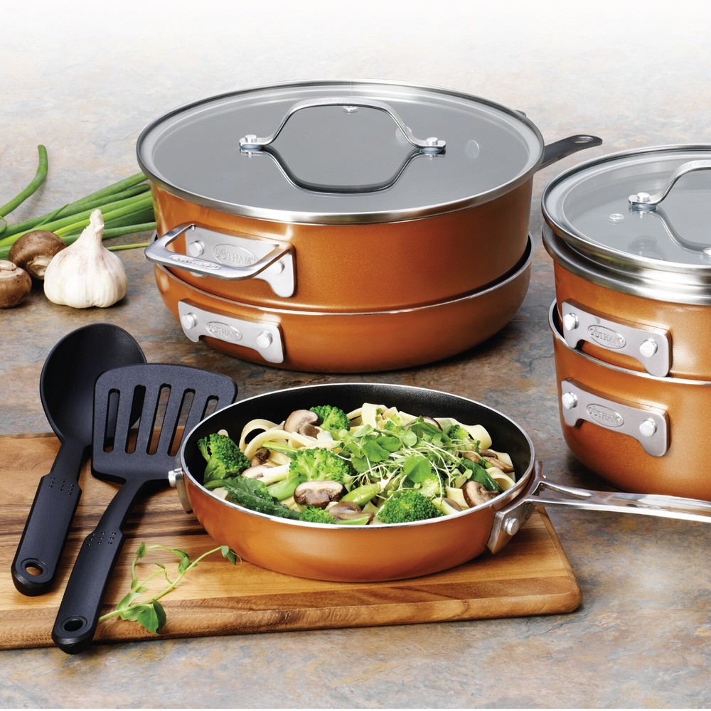 Gotham Steel Stackmaster Copper Cast Textured Complete 10 Piece Set w/ Utensils