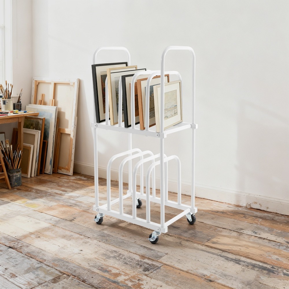 Art Canvas Storage Rack, Double-Tier Rolling Art Canvas Mobile Organizer White