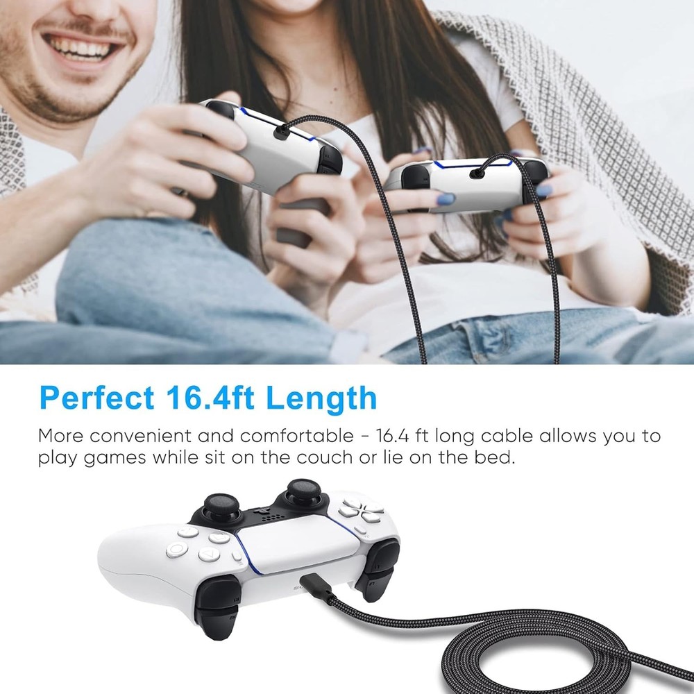 16.4FT USB Type C Charging Cable for PS5/Xbox Series Controllers - Nylon Braided