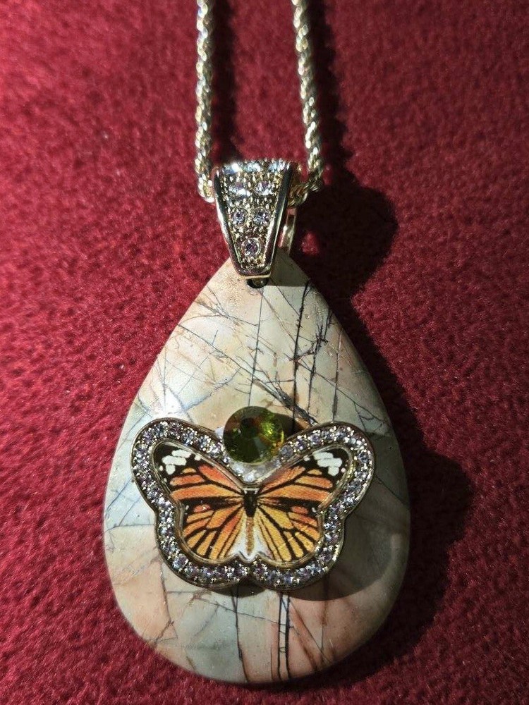 Pear Shaped Natural Jasper Butterfly Bling Pendant