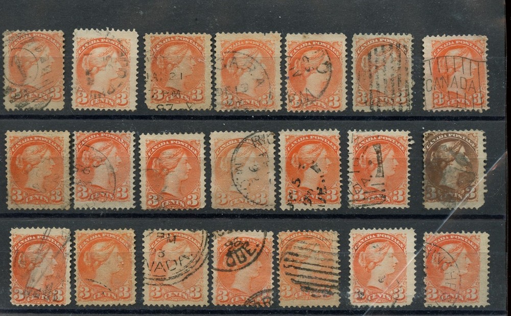 21 -- SMALL QUEEN 3 cent Various cancels, corks, used lot CAnada