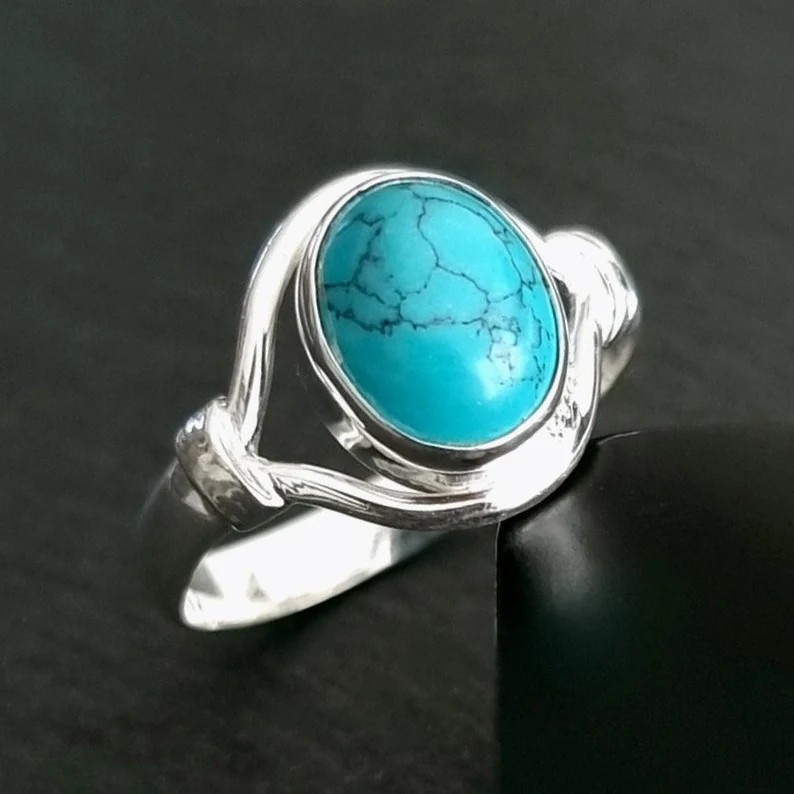 Solid 925 Sterling Silver Natural Turquoise Oval Gemstone Artisan Boho Band Ring