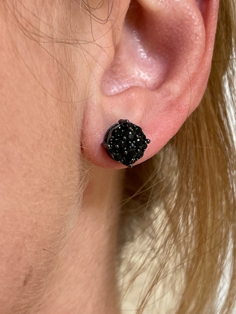 Real Solid 925 Silver Hip Hop Black CZ Earrings 1/3" Cluster Round Studs