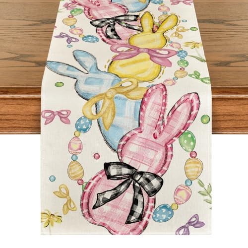 Floral Bow Bunny Rabbits Eggs Easter Table 13" x 72", Table Runner Beige