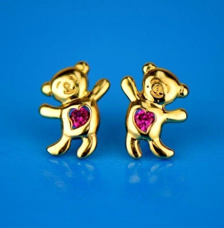 14k Yellow Gold CZ Bear Stud Earrings