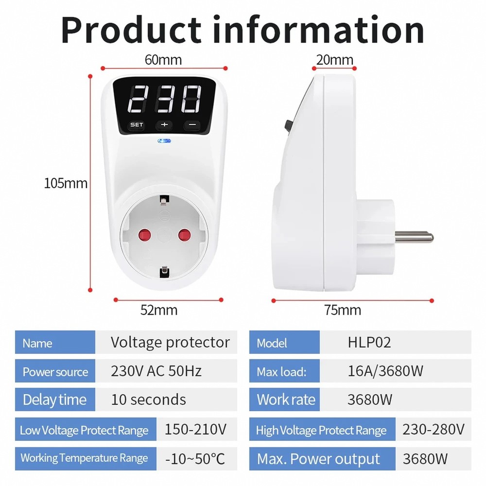 Automatic Voltage Protector 16A 230V Adjustable Surge Protection EU Socket