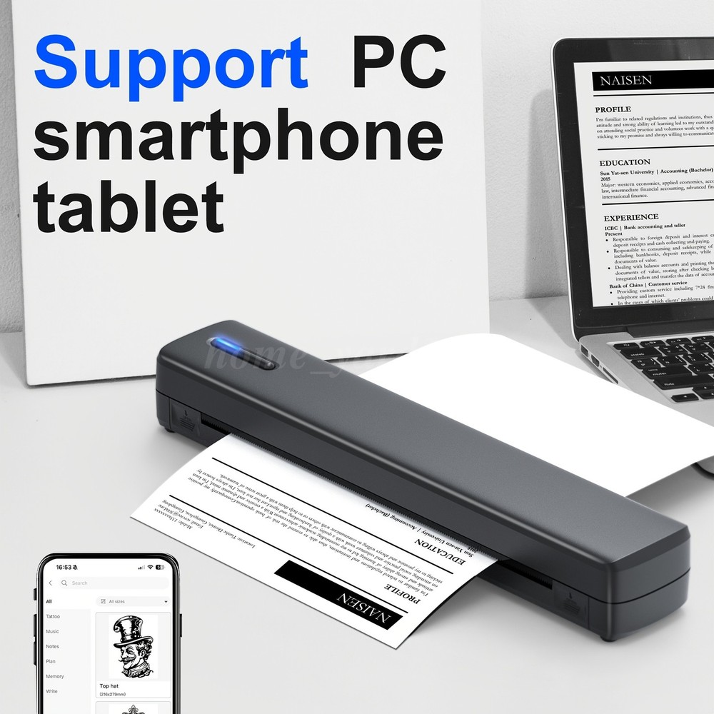 Support A4 Portable Printer Wireless Inkless thermal Printer Bluetoothe Black