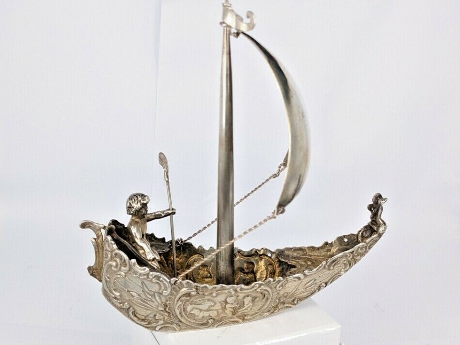 Miniature Hanau solid silver cherub sail boat Circa 1900
