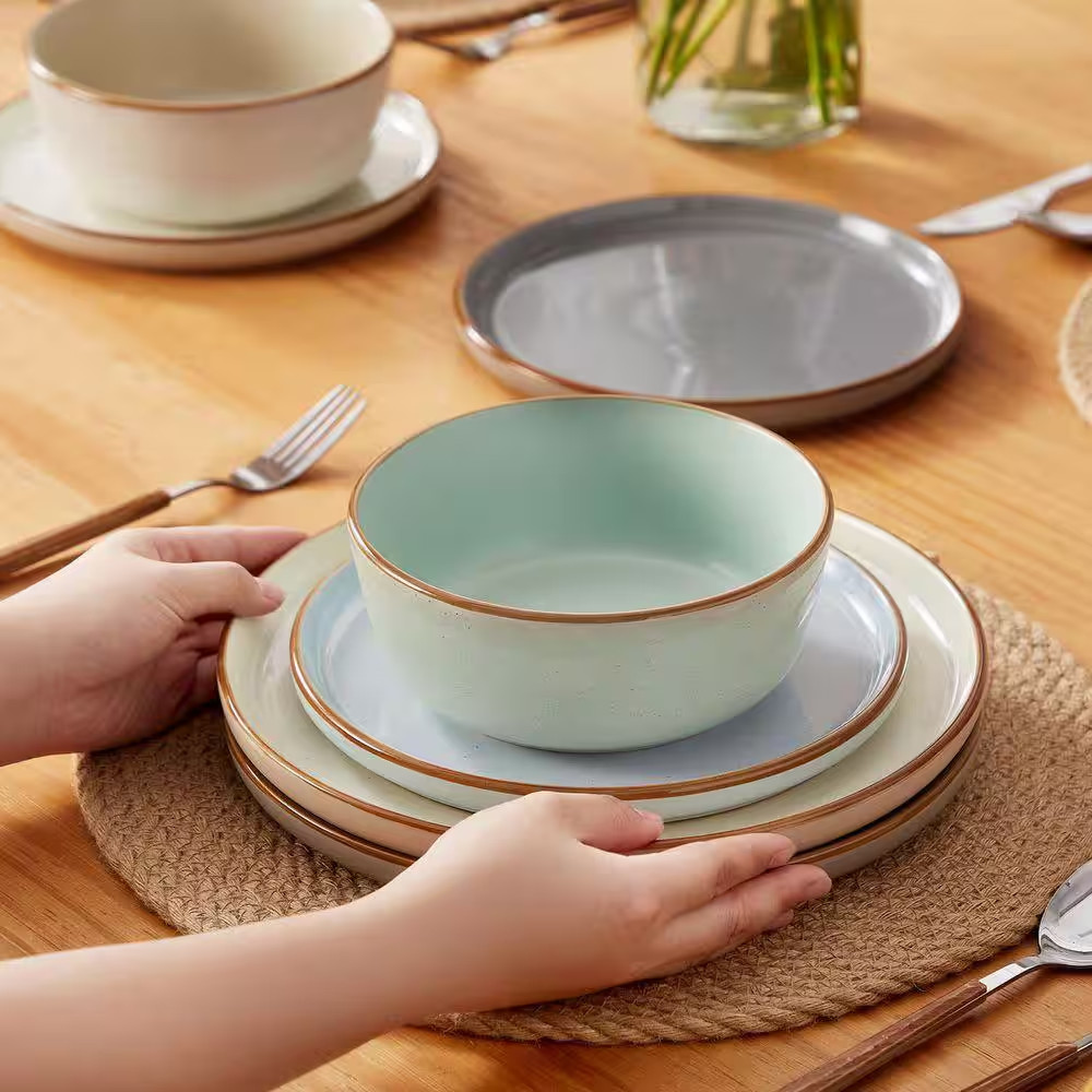 12-Piece Blue Green Beige Gray Stoneware Dinnerware Set Service for 4 Tableware