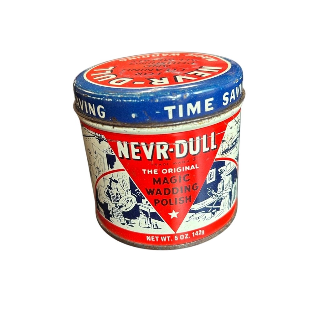 Nevr-Dull Magic Wadding Polish Tin- empty- some rust- with lid- 1940 decorative