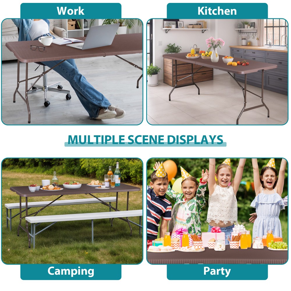 6ft Folding Table Portable Foldable Card Table Fold-in-Half Utility Table Brown