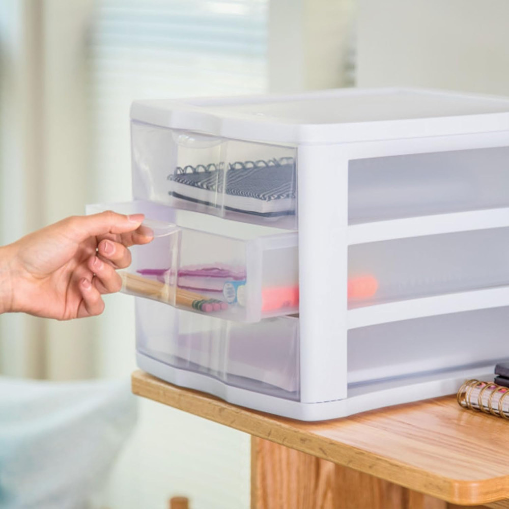 4-Pack 3 Drawer Unit, Stackable Plastic Organizer with Drawers, White Frame - Mu