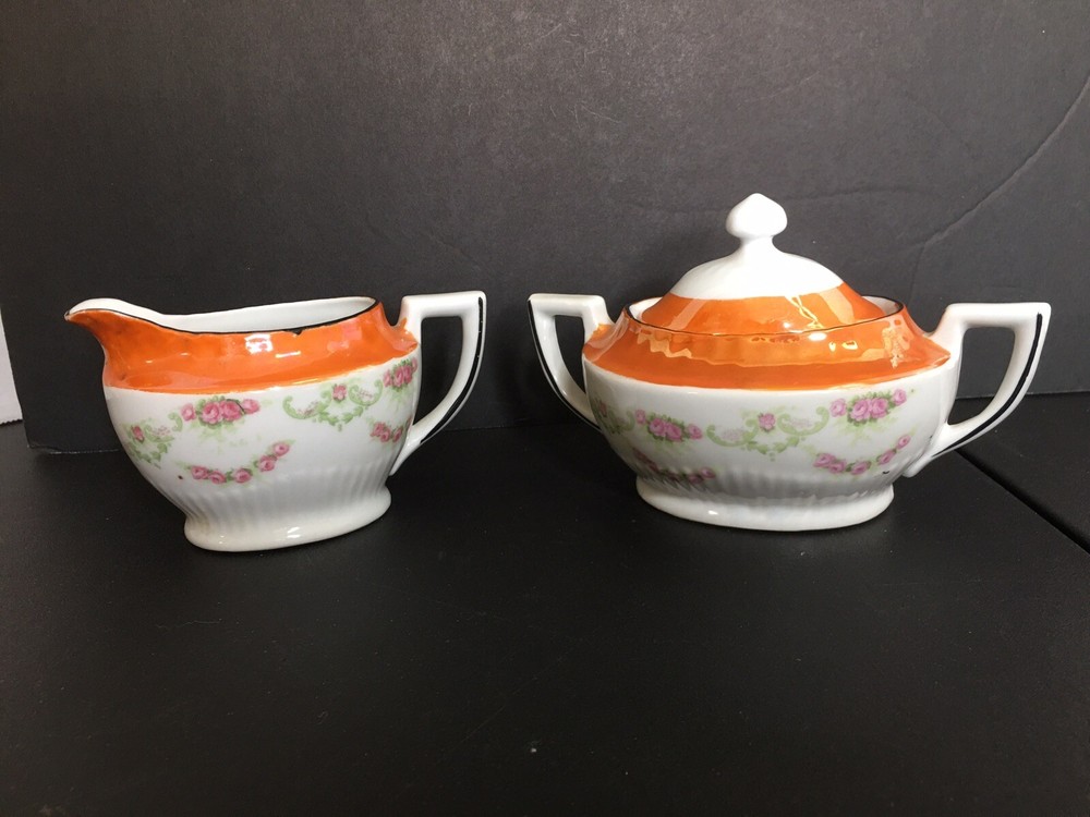 Vintage Germany Creamer & Sugar Roses Lusterware Edging