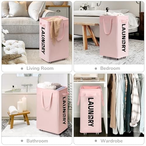 Slim Laundry Hamper with Wheels 75L, Collapsible Rolling Large 1-Pack Pink