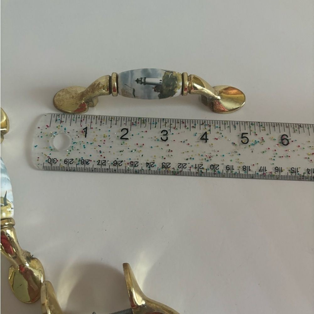 Brass Tone & Ceramic Lighthouse Drawer Door Pulls 3" Center lot (8)