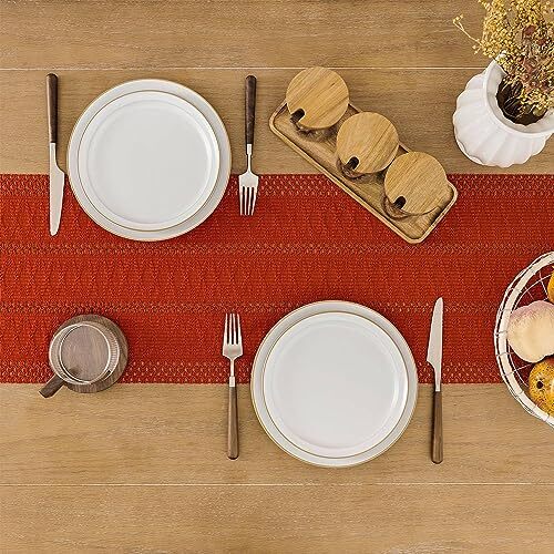 Macrame Style Boho Table Runner, Burnt Ochre Fall Table 12x48 Inch Dark Orange