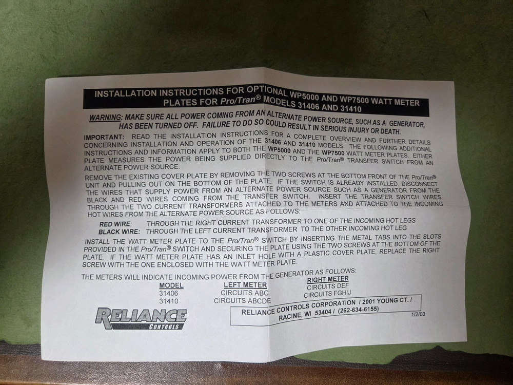 Reliance ProTran Watt Meter Model WP7500