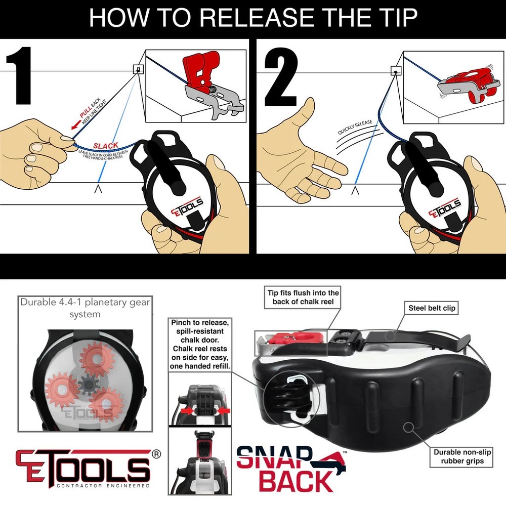 CE TOOLS SnapBack® Chalk Line w/ Releasable Tip – Heavy Duty, Precision Marking