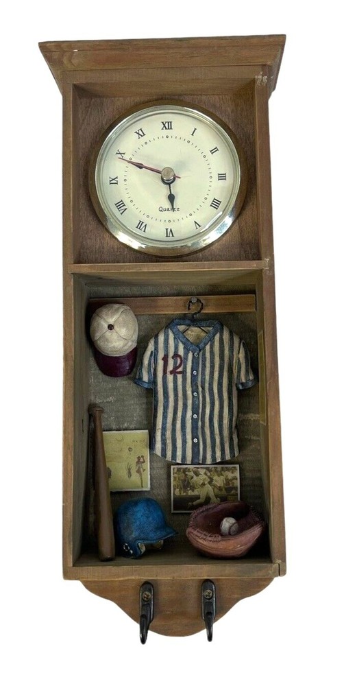 Baseball Softball Shadowbox Clock 3D Analog Working Clock Two Hooks 12" x 5"