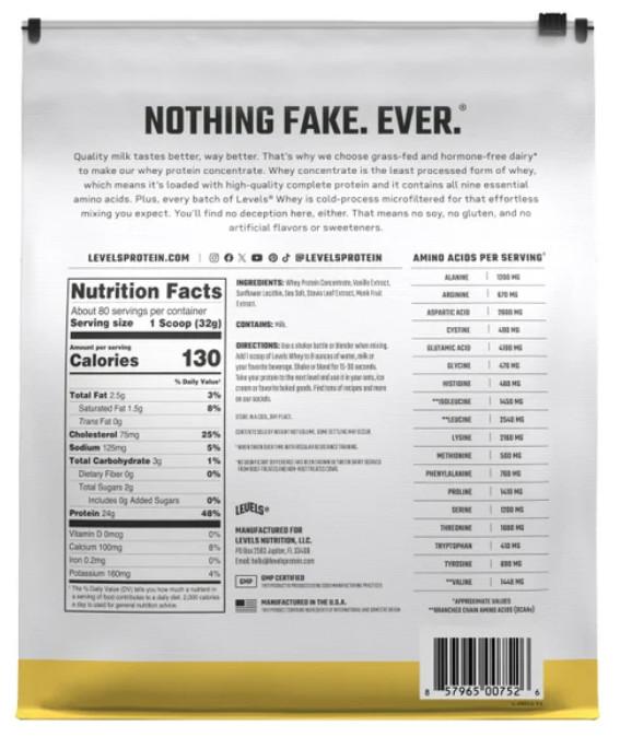 Levels Grass Fed Whey Protein, Vanilla Bean, 5.64 lbs