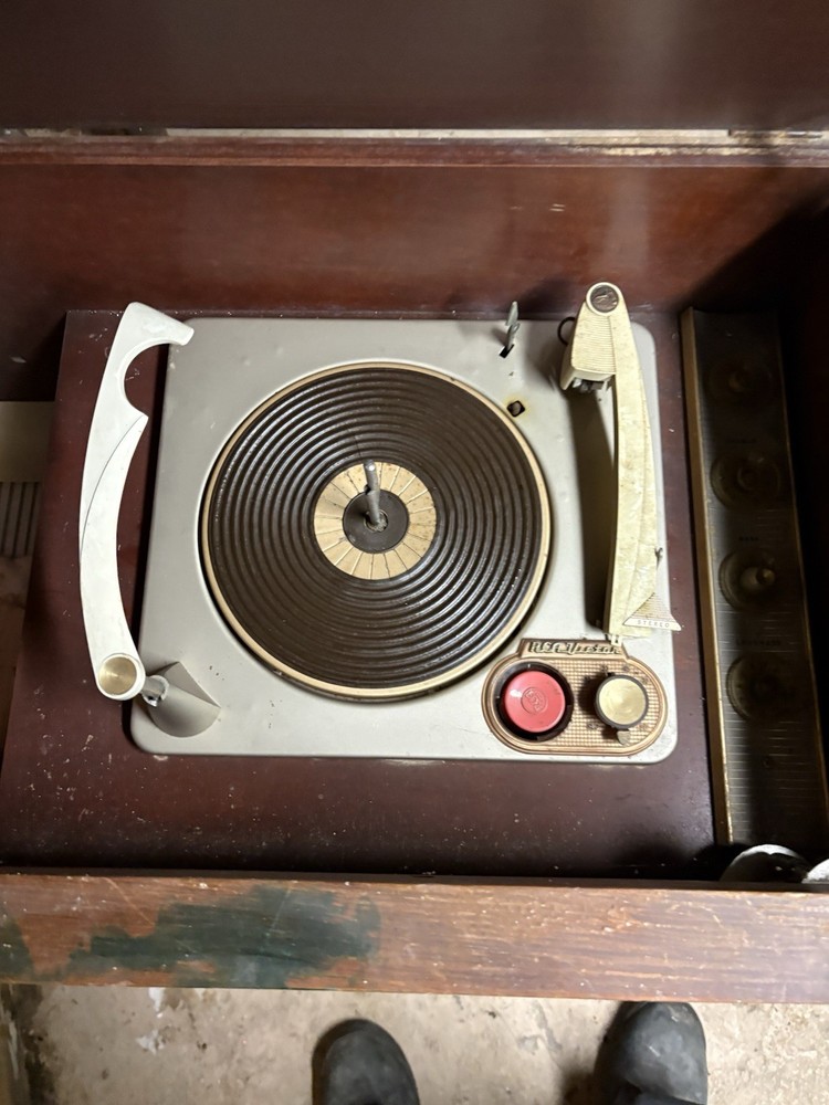 Vintage Record Player Console with Turntable and Cabinet
