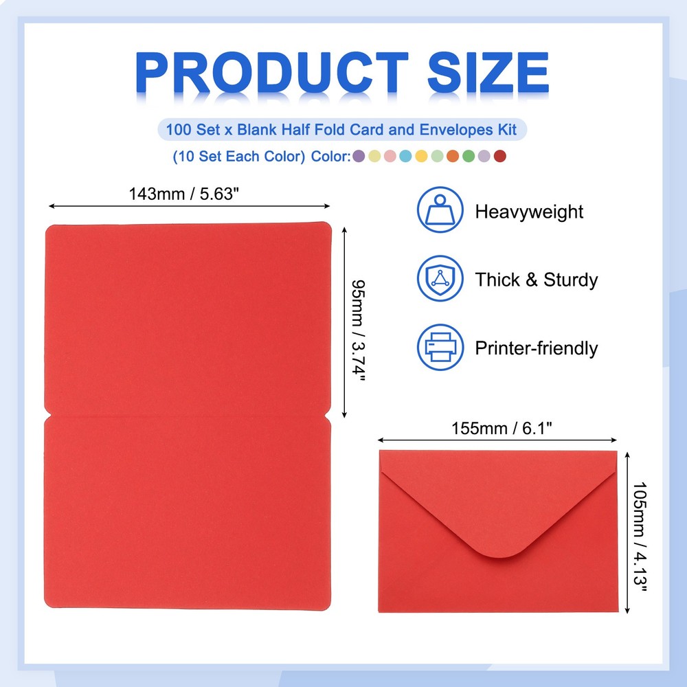 100 Set 4 x 6" Blank Multicolor Half Fold Card and Envelopes, Multicolor